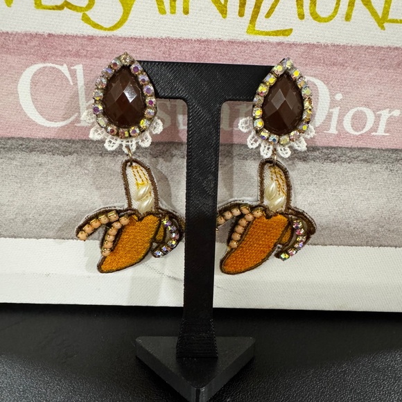 Handmade Banana Statement Earrings Beaded Crystal Embroidered Drop Dangles - Picture 1 of 5